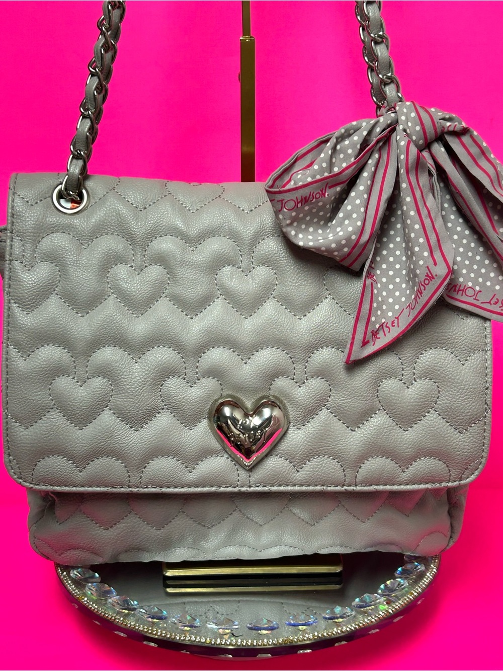Betsey Johnson Gray Quilted Heart-Pattern Shoulder Bag w/BJ Scarf 13 x 9.5 x 4